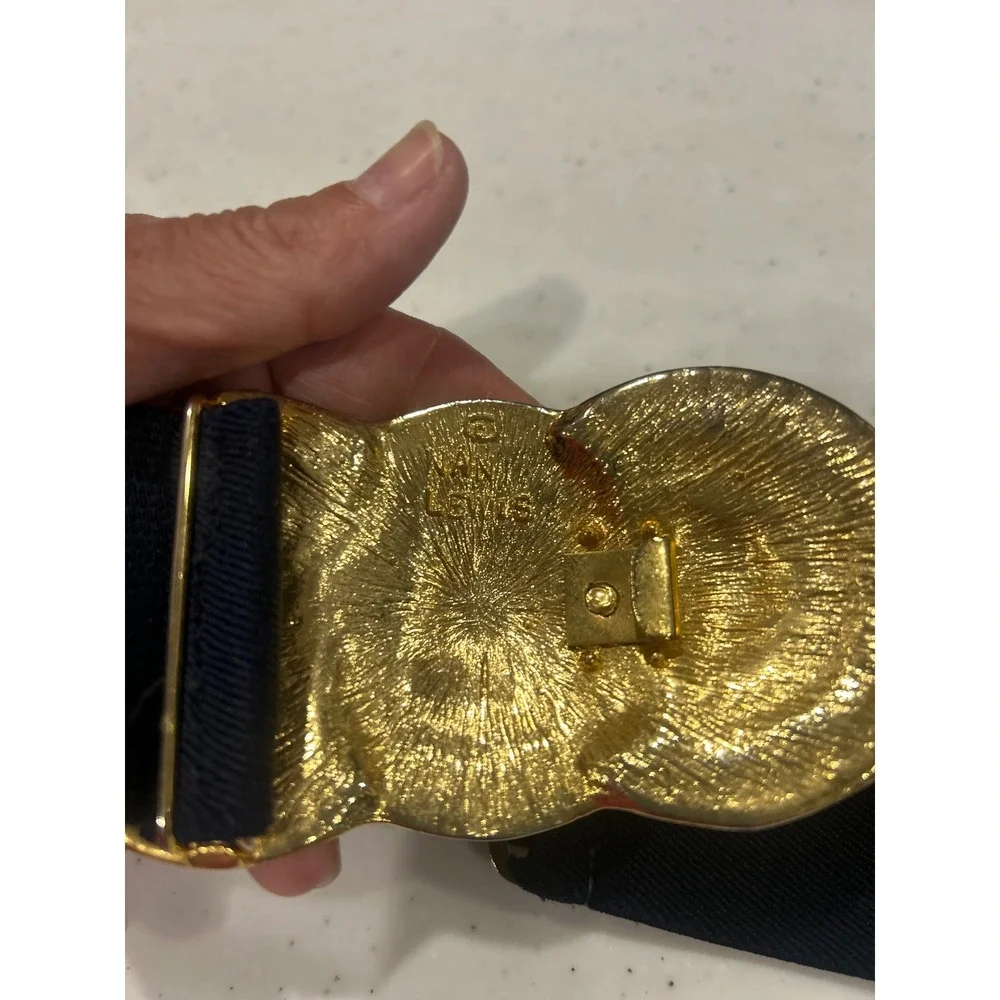 Mimi Lewis Vintage Navy Blue Elastic Cinch Belt Gold Triple Medallion Buckle